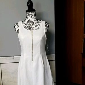 New white dress with gold zipper midi